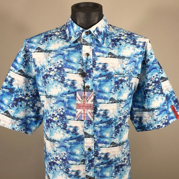 Nwt English Laundry Button Down Shirt 3X Mens Blue Tropical Print Short Sleeve - Picture 1 of 11